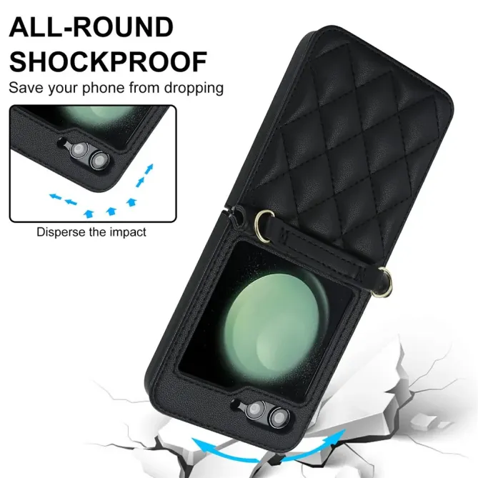 Coque Samsung Galaxy Z Flip 8 Matelassée avec Dragonne et Bandoulière - Couleurs: Noir