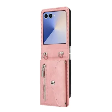 oque Samsung Galaxy Z Flip 8 Portefeuille Double Fermeture RFID avec Support - Couleurs: Or Rose