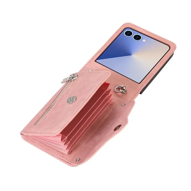 oque Samsung Galaxy Z Flip 8 Portefeuille Double Fermeture RFID avec Support - Couleurs: Or Rose