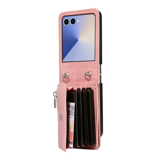 oque Samsung Galaxy Z Flip 8 Portefeuille Double Fermeture RFID avec Support - Couleurs: Or Rose