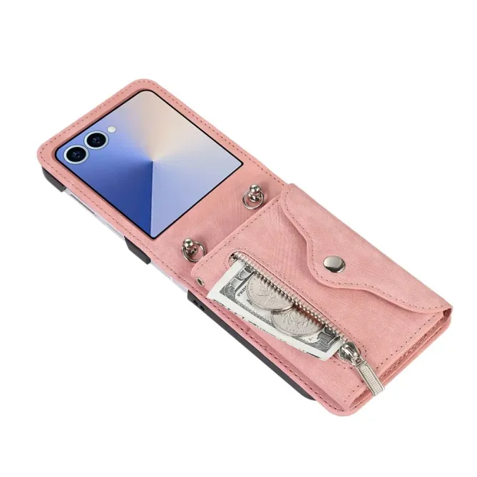 oque Samsung Galaxy Z Flip 8 Portefeuille Double Fermeture RFID avec Support - Couleurs: Or Rose