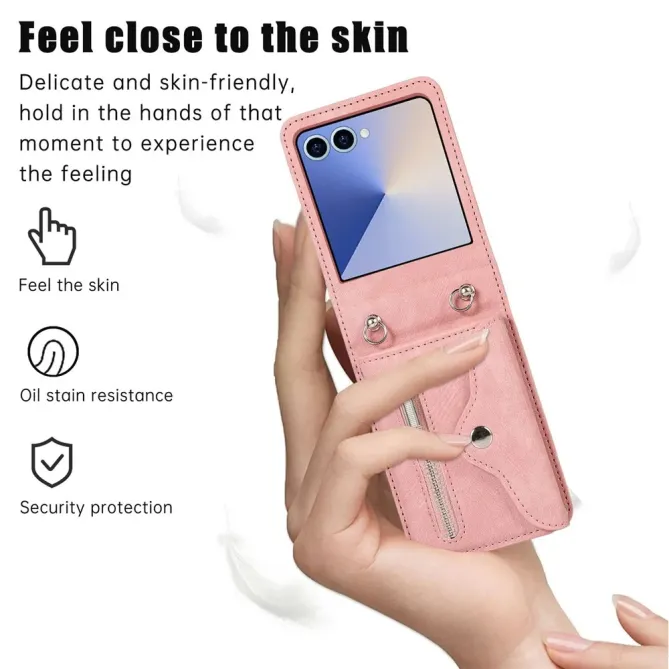 oque Samsung Galaxy Z Flip 8 Portefeuille Double Fermeture RFID avec Support - Couleurs: Or Rose