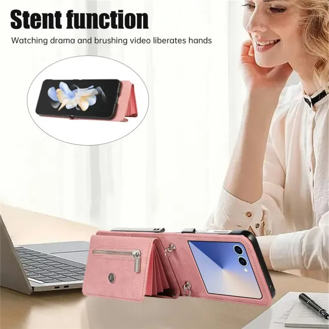 oque Samsung Galaxy Z Flip 8 Portefeuille Double Fermeture RFID avec Support - Couleurs: Or Rose