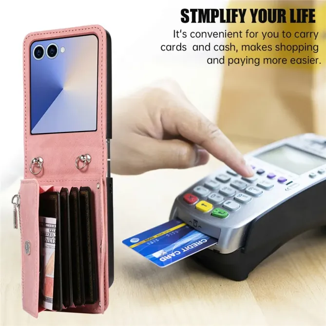 oque Samsung Galaxy Z Flip 8 Portefeuille Double Fermeture RFID avec Support - Couleurs: Or Rose