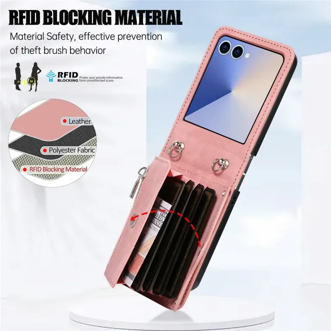 oque Samsung Galaxy Z Flip 8 Portefeuille Double Fermeture RFID avec Support - Couleurs: Or Rose