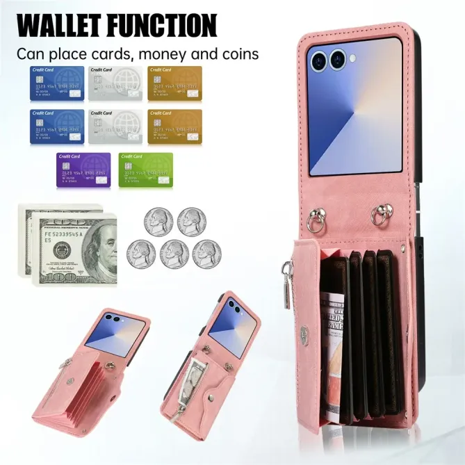 oque Samsung Galaxy Z Flip 8 Portefeuille Double Fermeture RFID avec Support - Couleurs: Or Rose