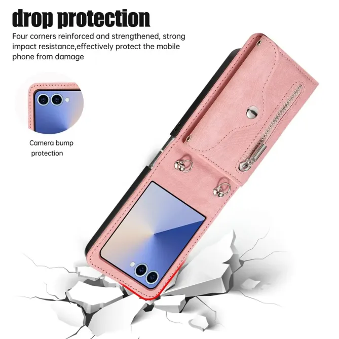oque Samsung Galaxy Z Flip 8 Portefeuille Double Fermeture RFID avec Support - Couleurs: Or Rose