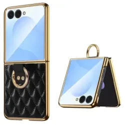 Coque Samsung Galaxy Z Flip 8 Losanges Matelassés avec Anneau Support - Couleurs: Noir