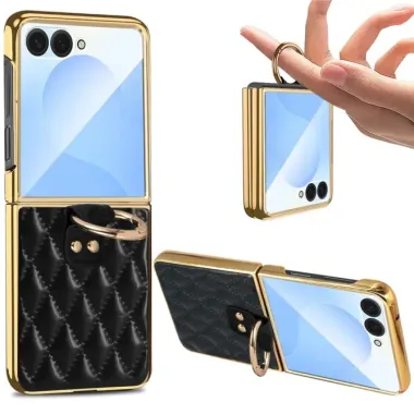 Coque Samsung Galaxy Z Flip 8 Losanges Matelassés avec Anneau Support - Couleurs: Noir