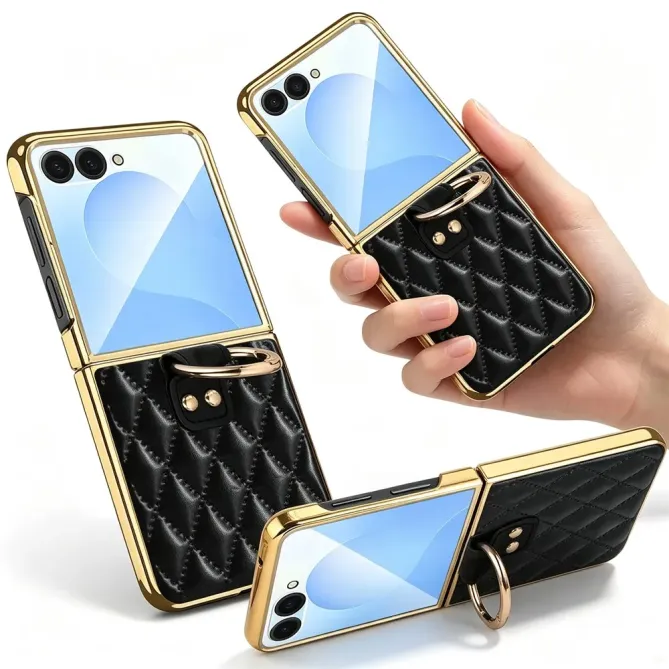 Coque Samsung Galaxy Z Flip 8 Losanges Matelassés avec Anneau Support - Couleurs: Noir