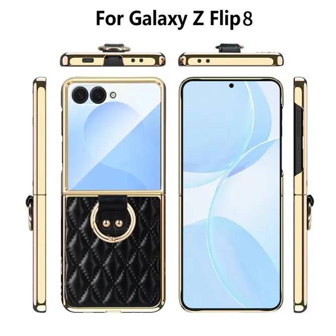 Coque Samsung Galaxy Z Flip 8 Losanges Matelassés avec Anneau Support - Couleurs: Noir