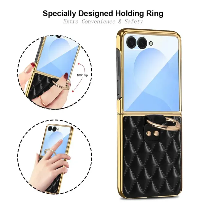 Coque Samsung Galaxy Z Flip 8 Losanges Matelassés avec Anneau Support - Couleurs: Noir