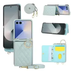 Coque Samsung Galaxy Z Flip 8 Pochette Matelassée Multi-Cartes avec Bandoulière - Couleurs: Bleu clair