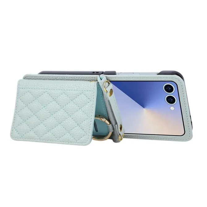 Coque Samsung Galaxy Z Flip 8 Pochette Matelassée Multi-Cartes avec Bandoulière - Couleurs: Bleu clair