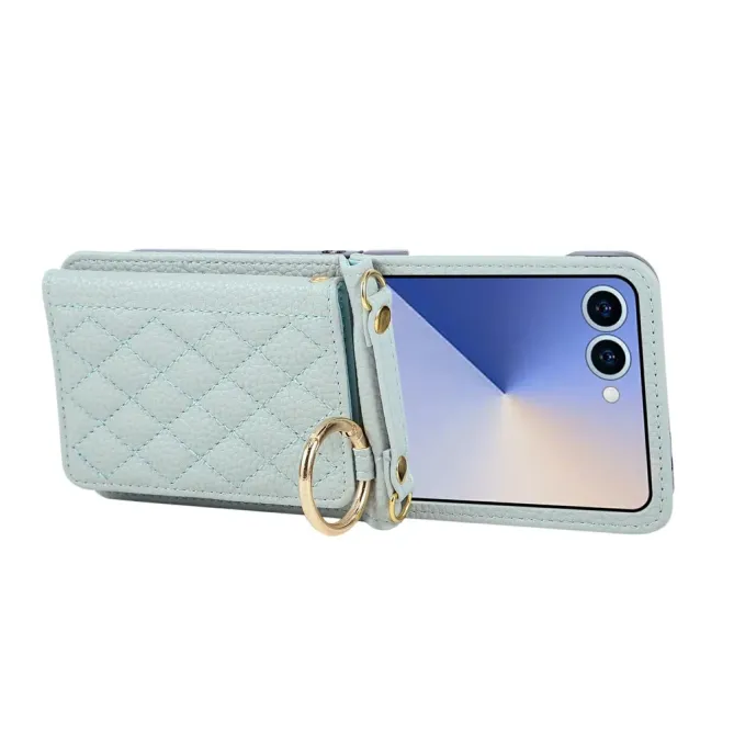 Coque Samsung Galaxy Z Flip 8 Pochette Matelassée Multi-Cartes avec Bandoulière - Couleurs: Bleu clair