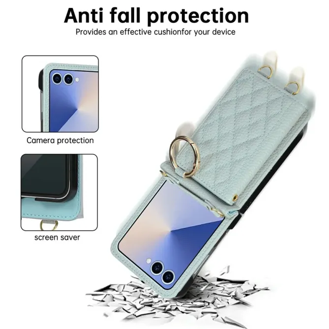 Coque Samsung Galaxy Z Flip 8 Pochette Matelassée Multi-Cartes avec Bandoulière - Couleurs: Bleu clair