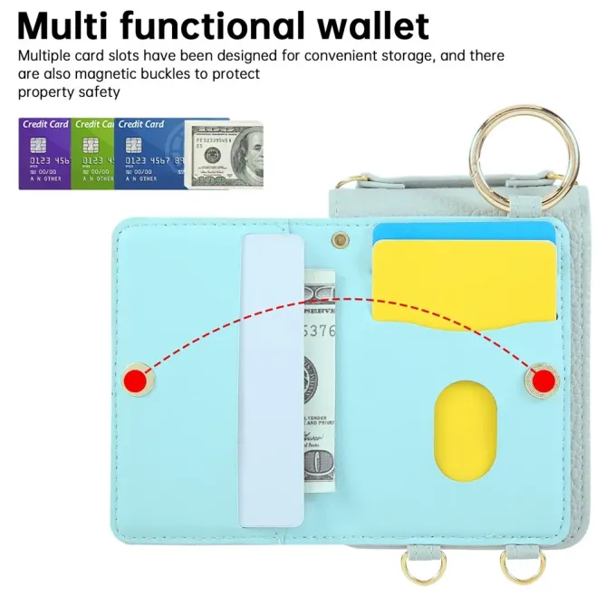Coque Samsung Galaxy Z Flip 8 Pochette Matelassée Multi-Cartes avec Bandoulière - Couleurs: Bleu clair