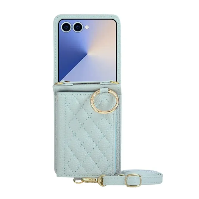 Coque Samsung Galaxy Z Flip 8 Pochette Matelassée Multi-Cartes avec Bandoulière - Couleurs: Bleu clair