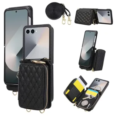 Coque Samsung Galaxy Z Flip 8 Porte-Cartes Zippé Matelassé avec Bandoulière