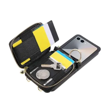 Coque Samsung Galaxy Z Flip 8 Porte-Cartes Zippé Matelassé avec Bandoulière - Couleurs: Noir