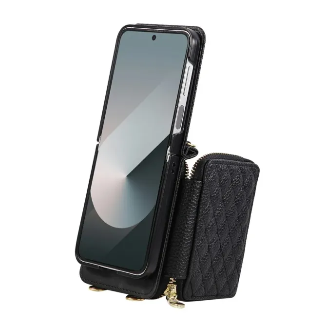 Coque Samsung Galaxy Z Flip 8 Porte-Cartes Zippé Matelassé avec Bandoulière - Couleurs: Noir