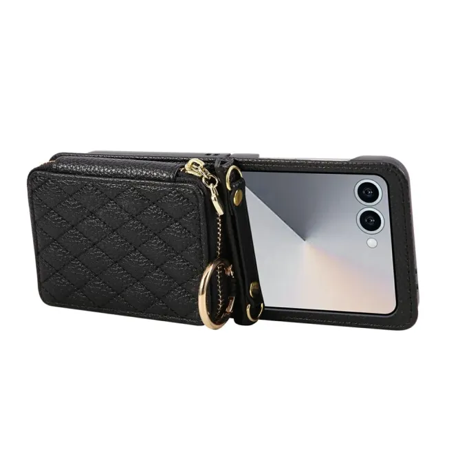 Coque Samsung Galaxy Z Flip 8 Porte-Cartes Zippé Matelassé avec Bandoulière - Couleurs: Noir