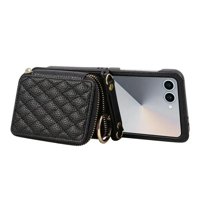 Coque Samsung Galaxy Z Flip 8 Porte-Cartes Zippé Matelassé avec Bandoulière - Couleurs: Noir