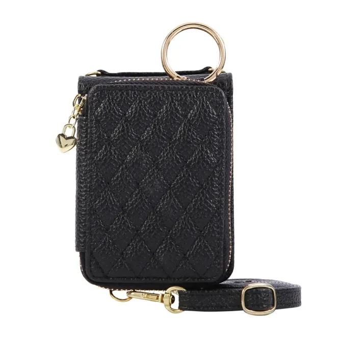 Coque Samsung Galaxy Z Flip 8 Porte-Cartes Zippé Matelassé avec Bandoulière - Couleurs: Noir