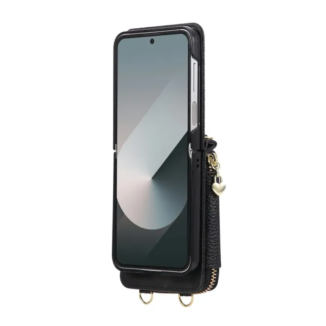 Coque Samsung Galaxy Z Flip 8 Porte-Cartes Zippé Matelassé avec Bandoulière - Couleurs: Noir