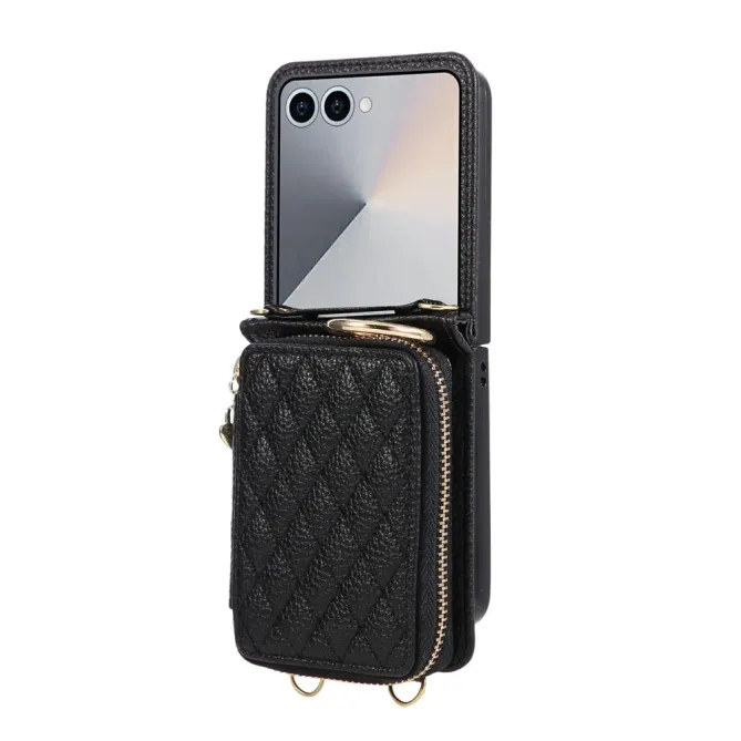 Coque Samsung Galaxy Z Flip 8 Porte-Cartes Zippé Matelassé avec Bandoulière - Couleurs: Noir