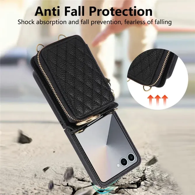 Coque Samsung Galaxy Z Flip 8 Porte-Cartes Zippé Matelassé avec Bandoulière - Couleurs: Noir