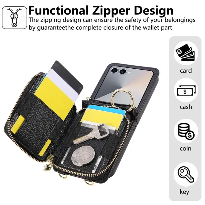 Coque Samsung Galaxy Z Flip 8 Porte-Cartes Zippé Matelassé avec Bandoulière - Couleurs: Noir