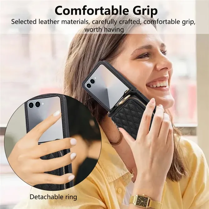 Coque Samsung Galaxy Z Flip 8 Porte-Cartes Zippé Matelassé avec Bandoulière - Couleurs: Noir