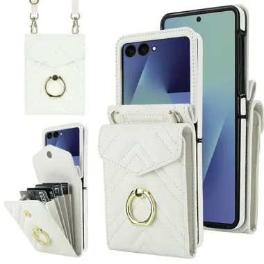 Coque Samsung Galaxy Z Flip 8 Portefeuille Accordéon RFID Matelassé avec Bandoulière - Couleurs: Blanc