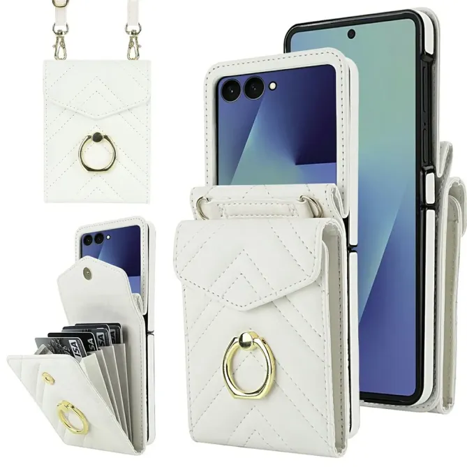 Coque Samsung Galaxy Z Flip 8 Portefeuille Accordéon RFID Matelassé avec Bandoulière - Couleurs: Blanc