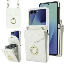 Coque Samsung Galaxy Z Flip 8 Portefeuille Accordéon RFID Matelassé avec Bandoulière - Couleurs: Blanc
