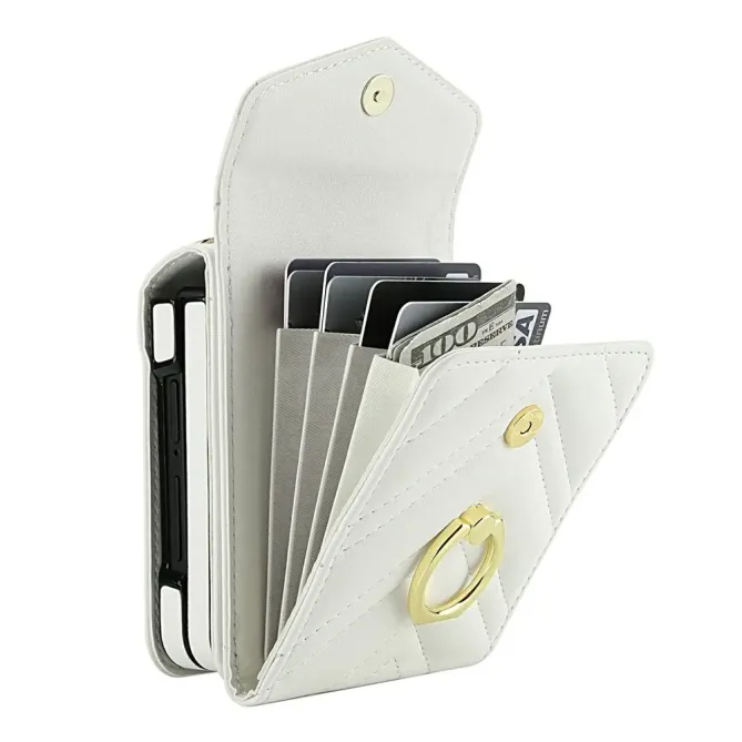 Coque Samsung Galaxy Z Flip 8 Portefeuille Accordéon RFID Matelassé avec Bandoulière - Couleurs: Blanc