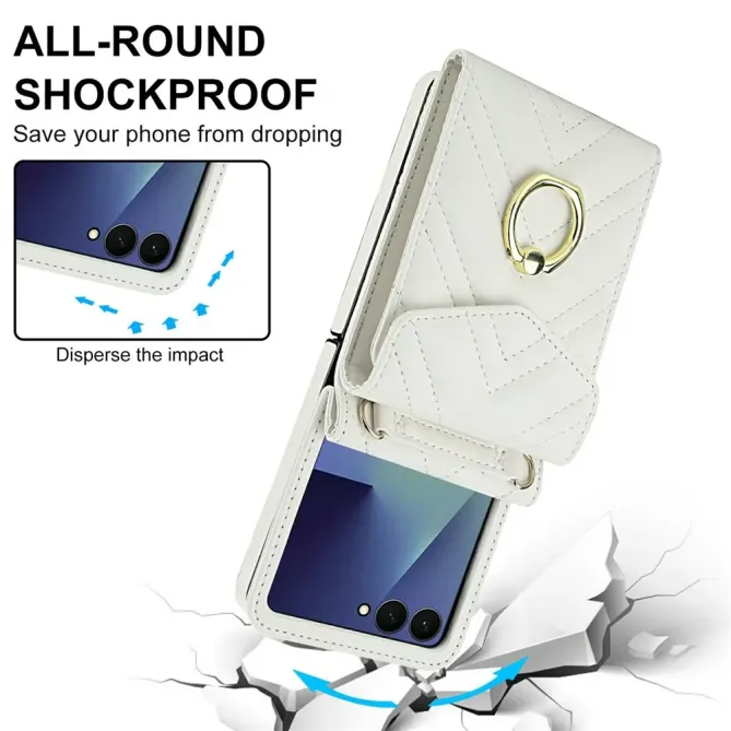 Coque Samsung Galaxy Z Flip 8 Portefeuille Accordéon RFID Matelassé avec Bandoulière - Couleurs: Blanc