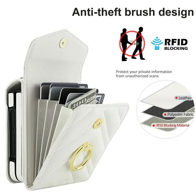 Coque Samsung Galaxy Z Flip 8 Portefeuille Accordéon RFID Matelassé avec Bandoulière - Couleurs: Blanc