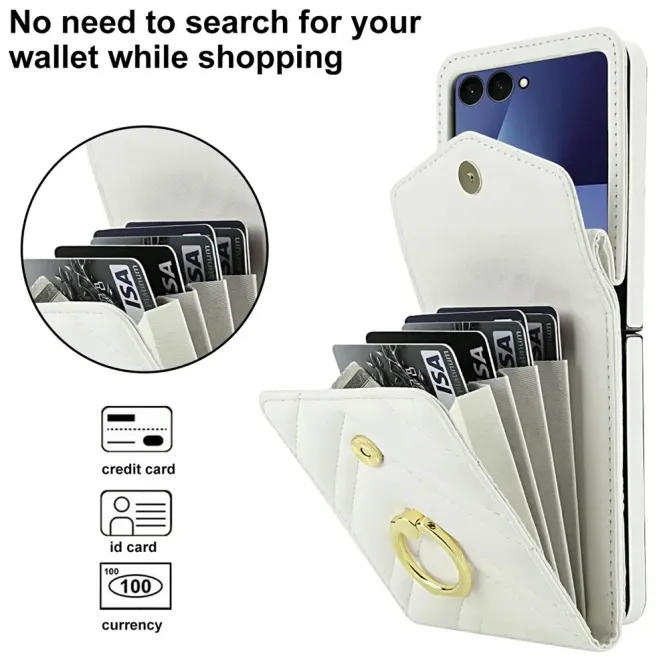 Coque Samsung Galaxy Z Flip 8 Portefeuille Accordéon RFID Matelassé avec Bandoulière - Couleurs: Blanc