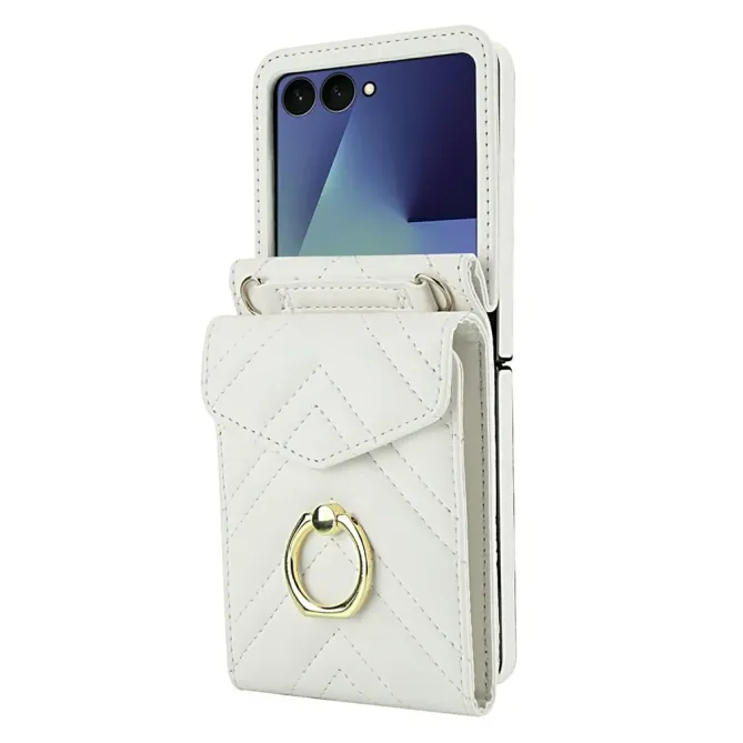 Coque Samsung Galaxy Z Flip 8 Portefeuille Accordéon RFID Matelassé avec Bandoulière - Couleurs: Blanc