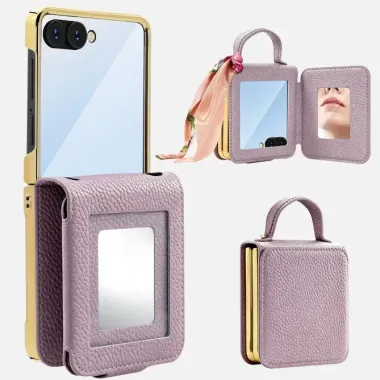 Coque Samsung Galaxy Z Flip 8 Sac de Luxe avec Miroir et Foulard - Couleurs: Or Rose