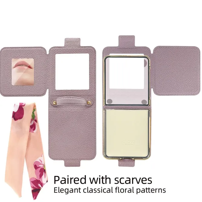 Coque Samsung Galaxy Z Flip 8 Sac de Luxe avec Miroir et Foulard - Couleurs: Or Rose