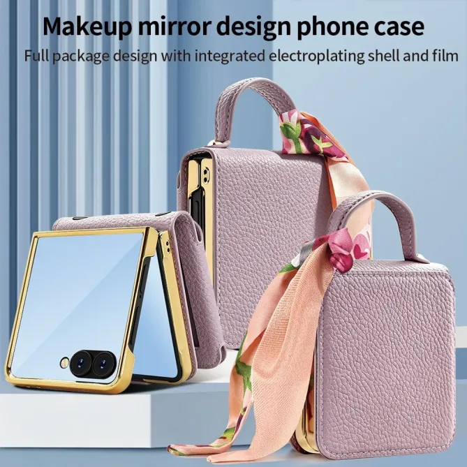 Coque Samsung Galaxy Z Flip 8 Sac de Luxe avec Miroir et Foulard - Couleurs: Or Rose