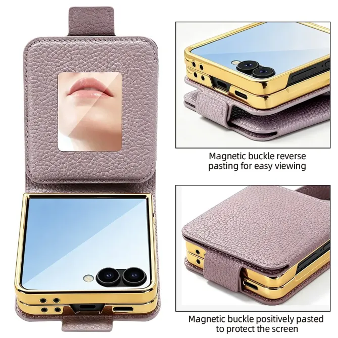 Coque Samsung Galaxy Z Flip 8 Sac de Luxe avec Miroir et Foulard - Couleurs: Or Rose
