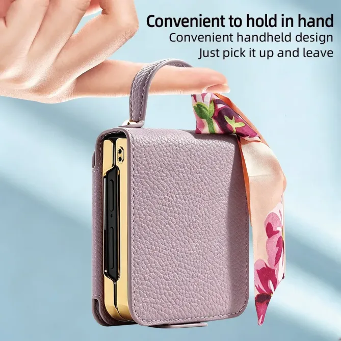 Coque Samsung Galaxy Z Flip 8 Sac de Luxe avec Miroir et Foulard - Couleurs: Or Rose