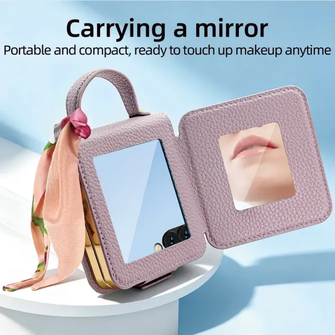 Coque Samsung Galaxy Z Flip 8 Sac de Luxe avec Miroir et Foulard - Couleurs: Or Rose