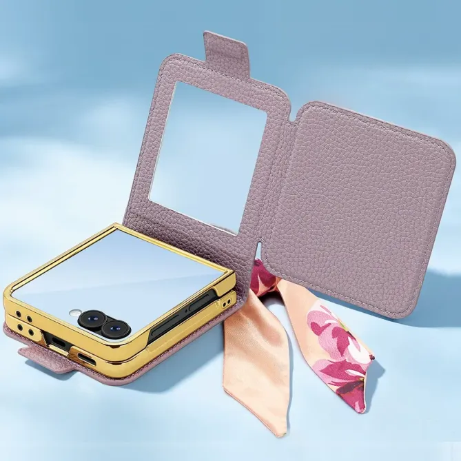 Coque Samsung Galaxy Z Flip 8 Sac de Luxe avec Miroir et Foulard - Couleurs: Or Rose