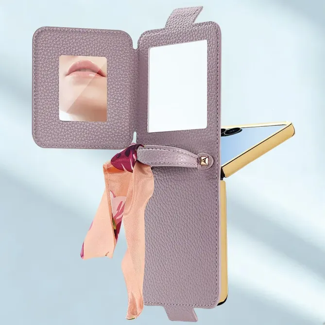 Coque Samsung Galaxy Z Flip 8 Sac de Luxe avec Miroir et Foulard - Couleurs: Or Rose