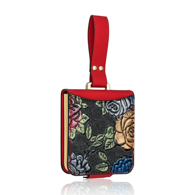 Coque Samsung Galaxy Z Flip 8 Motif Floral Relief Porte-Carte - Couleurs: Rouge